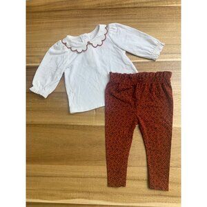 Cat & Jack Baby Girl White Blouse & Red Pants Set With Scalloped Collar Size 3-6